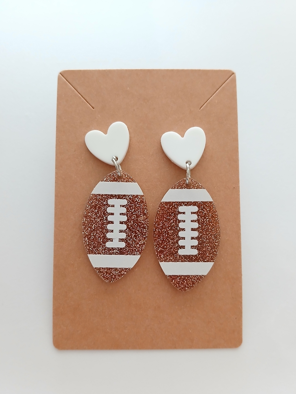 Fashion Jewelry White & Brown Glitter Football Heart Dangle Earrings